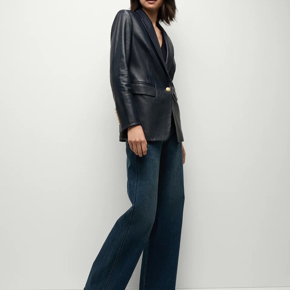 Veronica Beard Navy ‘Vega’ Lamb Leather Blazer with Gold Buttons Sz 2 $1498 Soft - Picture 2 of 11